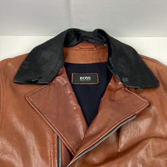 Men's Vintage Boss Brown Leather Full Zip Jacket with Detachable Collar - Picture 2 of 14
